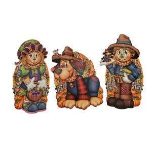Beistle Vintage Scarecrow & Dog Fall Harvest Die Cut Decorations Lot of 3 1980s